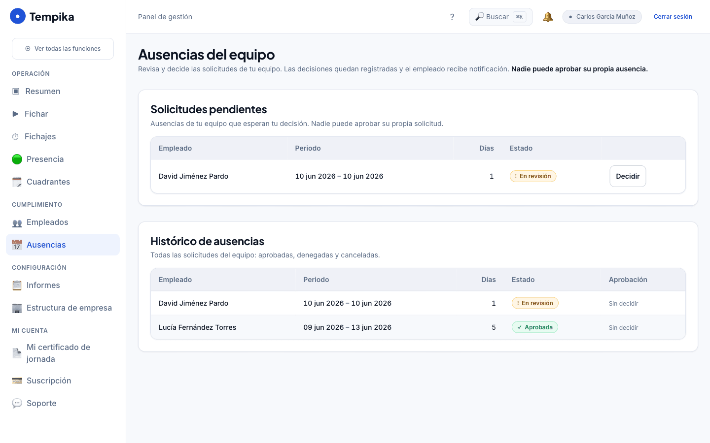 Gestión de ausencias y vacaciones en Tempika.