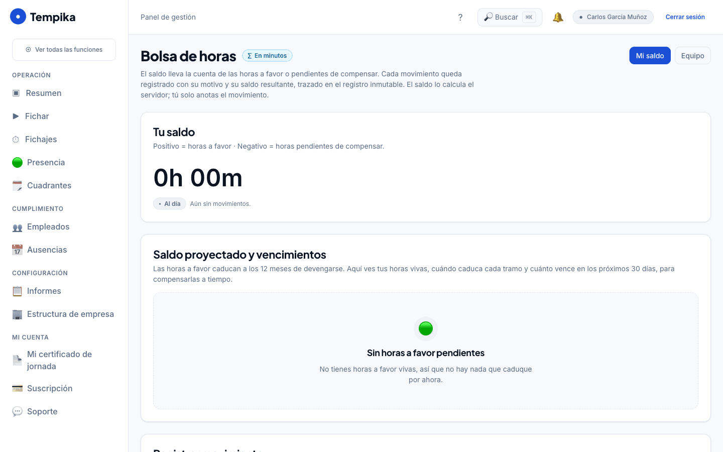 Pantalla de bolsa de horas de Tempika: registro y saldo neto.
