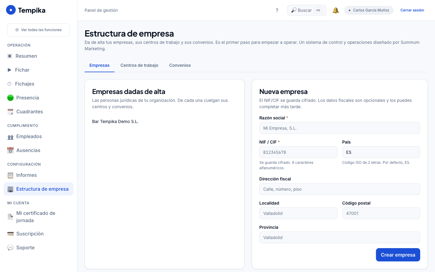 Estructura de empresa en Tempika: da de alta empresa, centros y convenio para arrancar el registro.