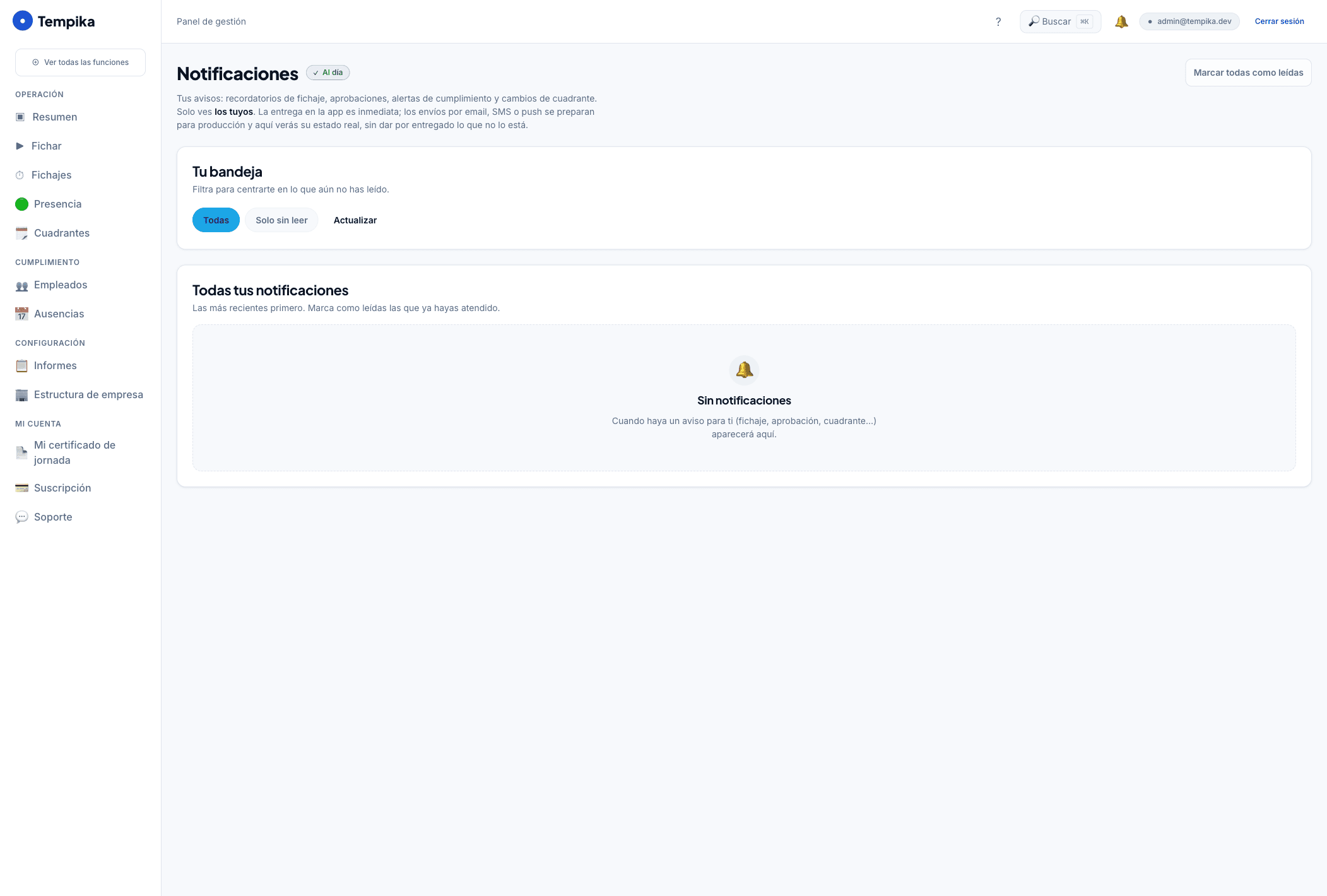 Centro de notificaciones de Tempika: avisos de cumplimiento y alertas configurables.