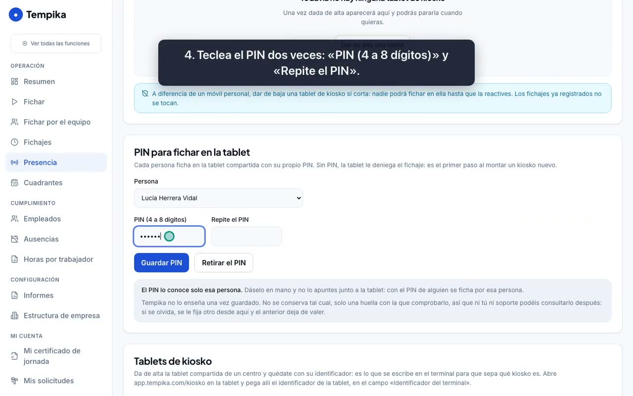 Fotograma del vídeo «Paso 3, opción B: un PIN para fichar en la tablet»